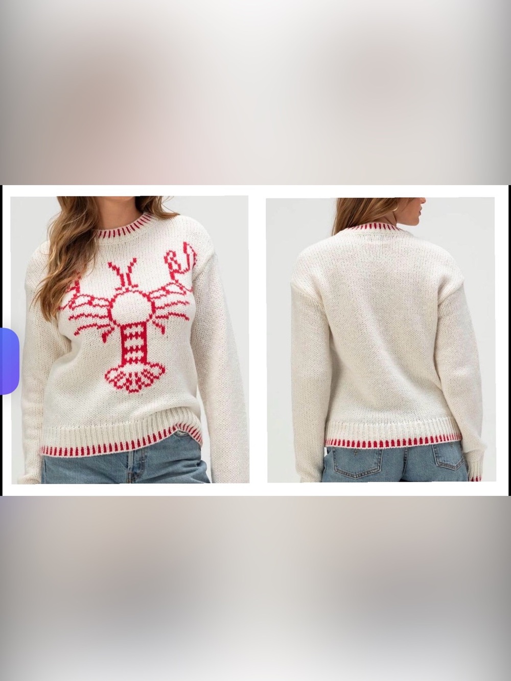 Coco & Shay Cream Sweater with Pink Red Lobster Motif